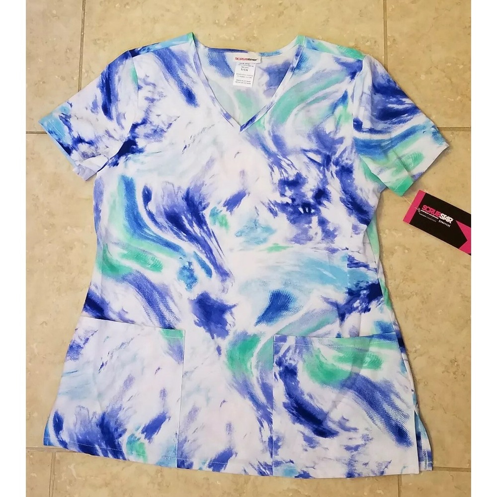 ScrubStar Women Premium Scrub Top Blue Green White Small NEW‎